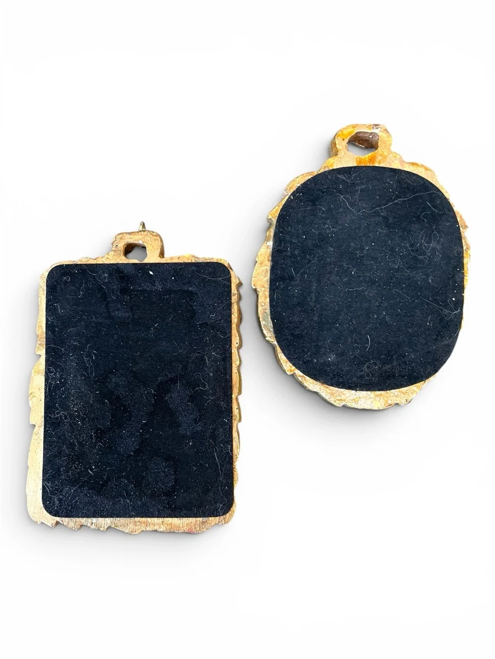 Vintage small mirrors, wood frames painted gold, missing top loop on the oval